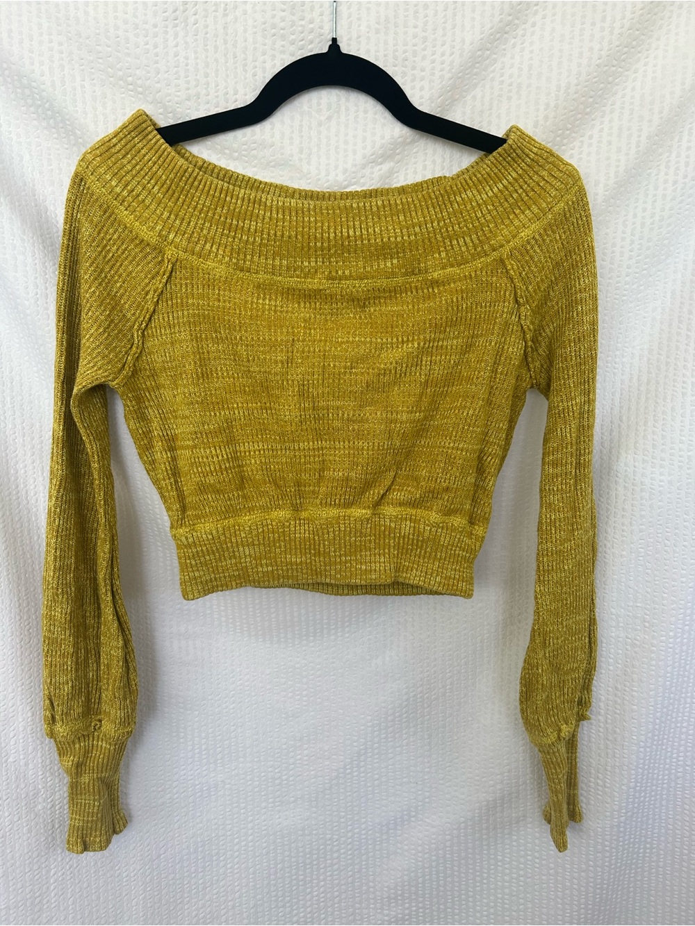 Free People Mustard Yellow Ribbed Knit Off-Shoulder Cropped Sweater Size Small